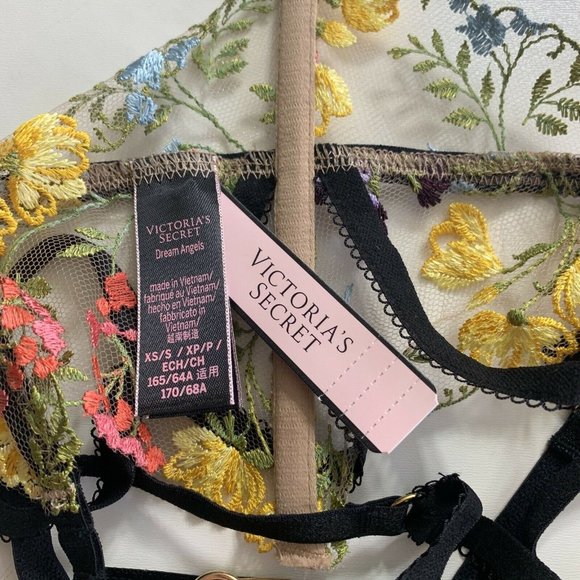 NWT VICTORIA SECRET MULTI EMBROIDERY GARTER Floral Pink Yellow Black XS/S $49 - Picture 8 of 9